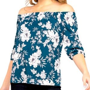 Rickis Plus Size Floral Teal Off The Shoulder Top